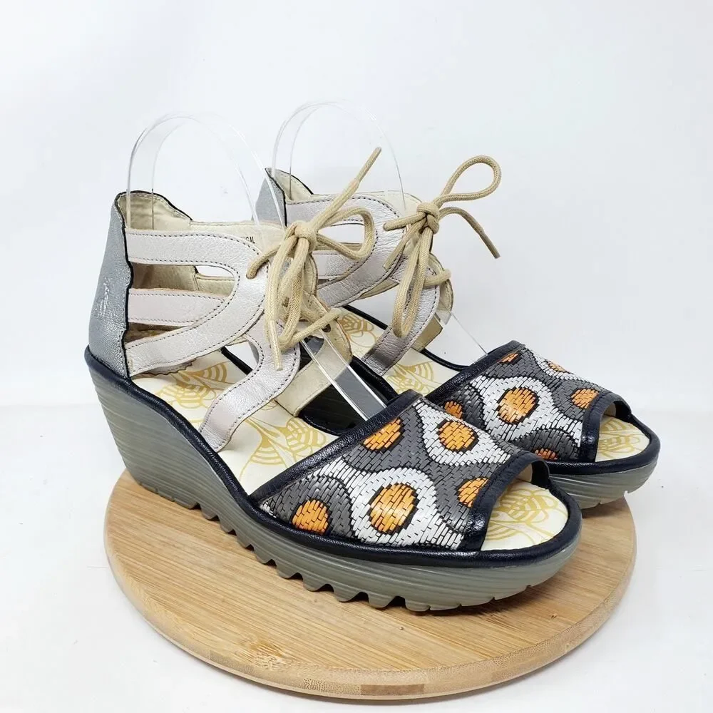 Fly London Yafi Wedge Sandals‎ Womens 39 Silver Platform Wedge Lace Up Shoes